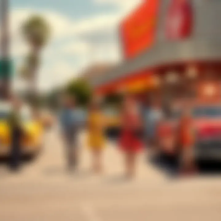 A colorful 1950s street scene showing people in vintage clothing, with retro cars and a diner in the background.