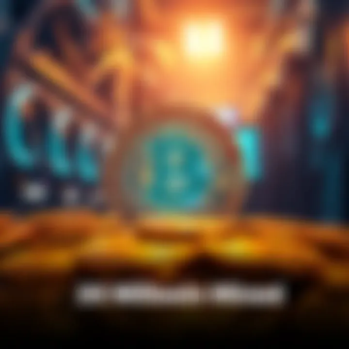 A digital representation of the 20 millionth bitcoin being mined, with glowing coins and a mining rig in the background