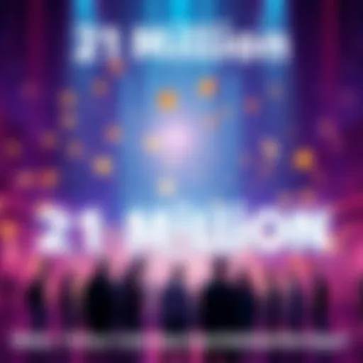 Graphic representation of 21 million tokens with digital currency symbols and people discussing around it.