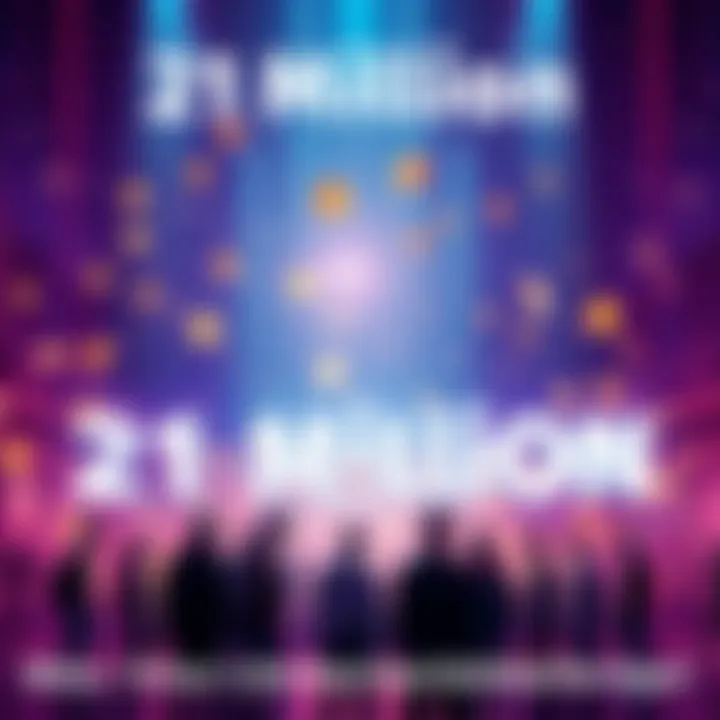 21 Million Tokens Concept Graphic representation of 21 million tokens with digital currency symbols and people discussing around it.