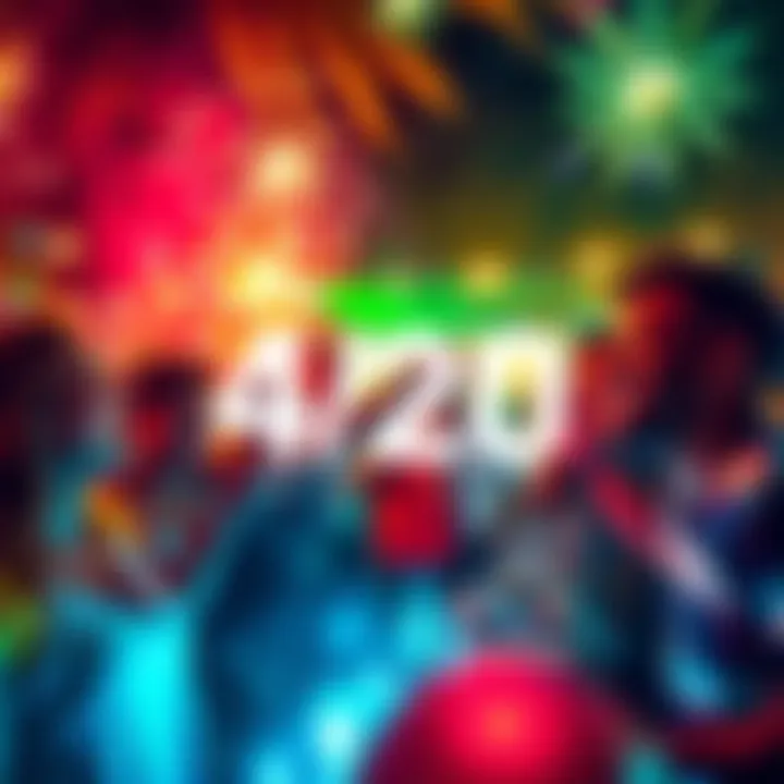 A lively outdoor party with people enjoying 4/20 festivities