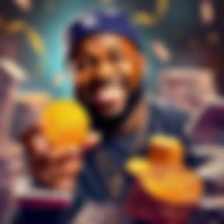 Rapper 50 Cent smiling and holding a Bitcoin symbol, celebrating his financial success from album sales, with stacks of money around him.