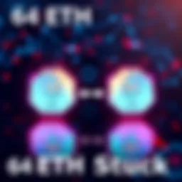 A visual representation of 64 ETH deposits stuck in the beacon chain, showing two validator icons with arrows indicating a delay, set against a crypto background.
