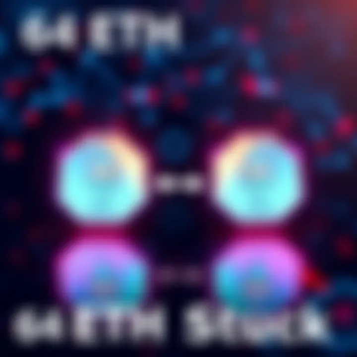 A visual representation of 64 ETH deposits stuck in the beacon chain, showing two validator icons with arrows indicating a delay, set against a crypto background.