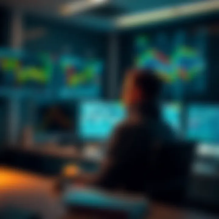 A person sitting at a desk, staring at multiple screens showing cryptocurrency charts and graphs, contemplating the long-term strategy of HODLing investments.