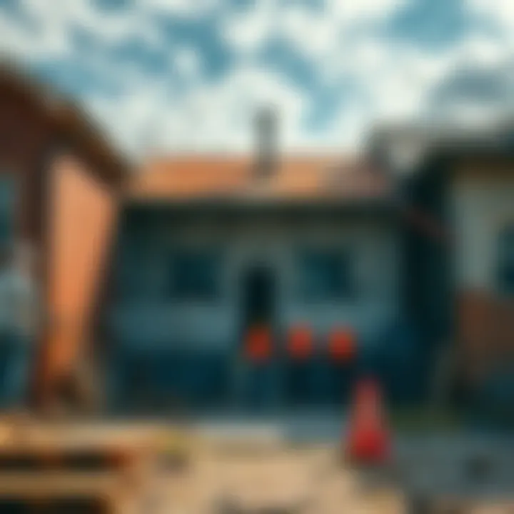 A team of workers repairing an abandoned property in a neighborhood, with tools and construction materials visible.