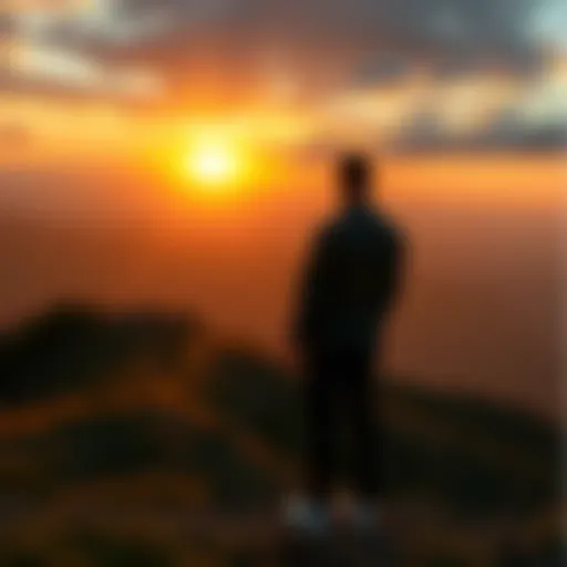 A person standing on a hilltop, looking at a sunset, symbolizing acceptance of life’s challenges.