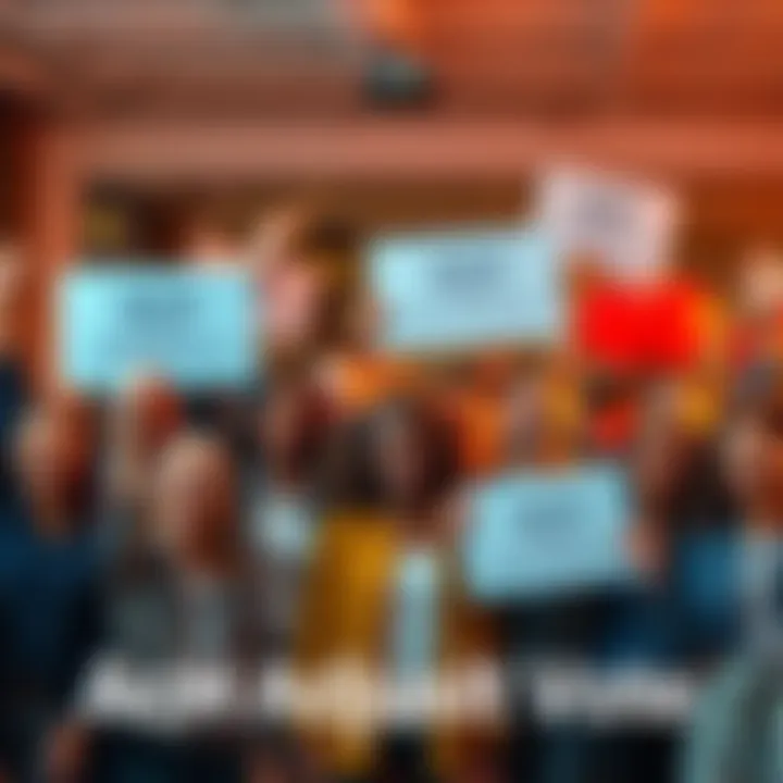 A group of diverse people celebrating the passing of the ACH Supply Adjustment, holding signs of support and showing excitement.