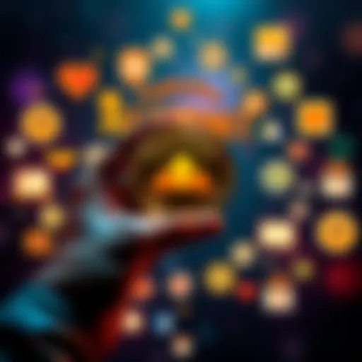 A person holding a badge symbolizing a milestone achievement, surrounded by icons representing exploration and goals.