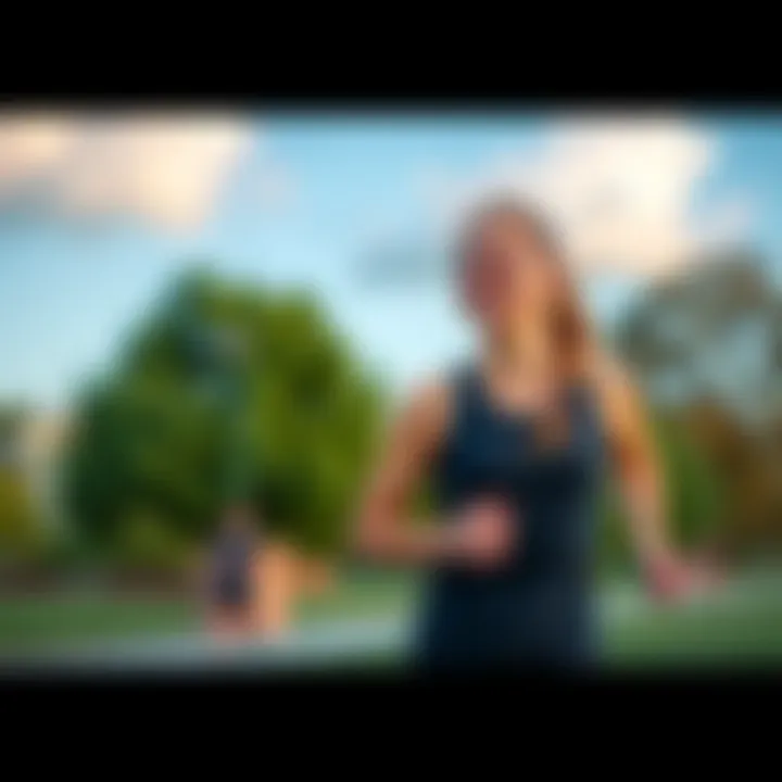 A person enjoying an active day outdoors, smiling while engaging in a fitness activity, possibly a run or workout in a park.