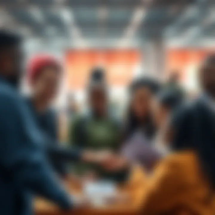 A group of diverse people helping each other in a community setting, sharing smiles and support.