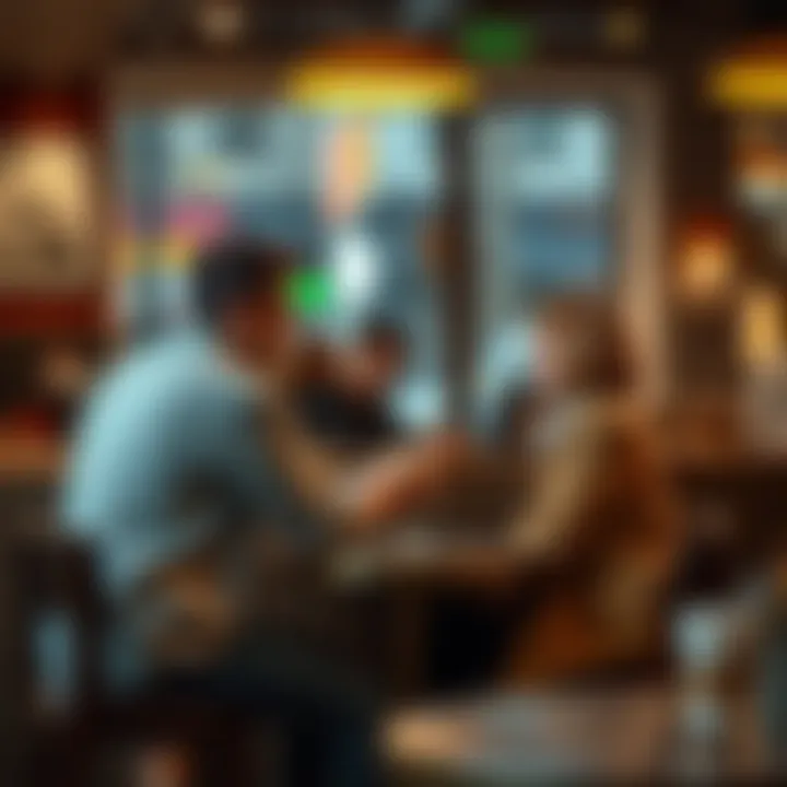 Two adults sitting at a table in a café, engaging in a friendly conversation, with a warm and inviting atmosphere.