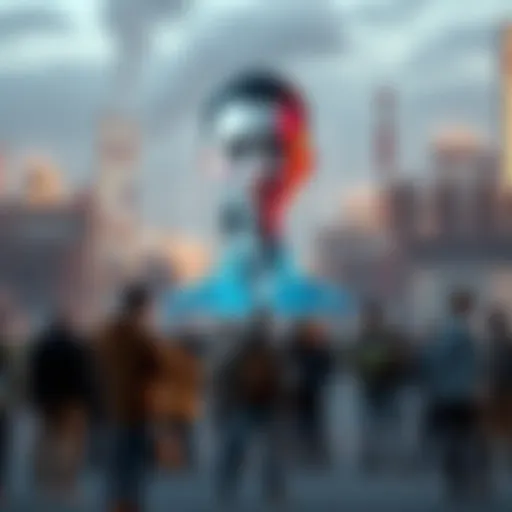 A group of people in an industrial area observing a digital avatar projected in real life, with factory buildings in the background.