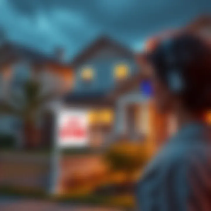 A person looking at a house for sale with a price tag under 70K.