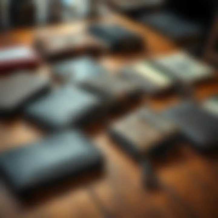 Several aged wallets showing signs of wear and old transaction histories on a wooden table