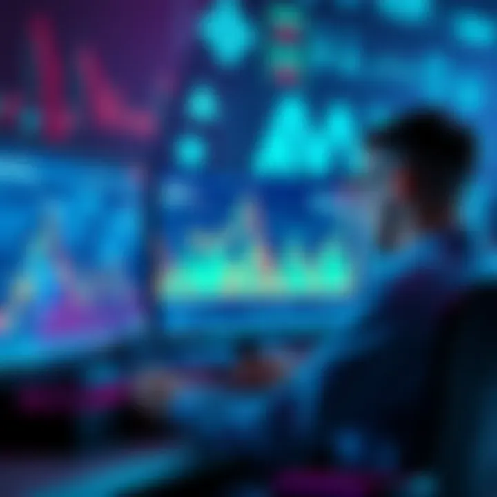 A person analyzing cryptocurrency charts on a computer screen, with AI symbols and graphs in the background.