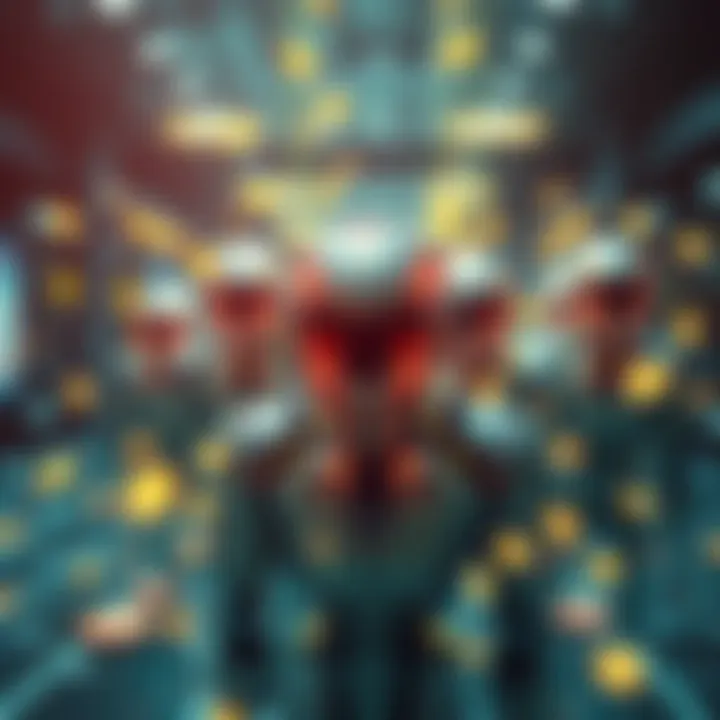 A futuristic graphic showing AI agents managing decentralized finance with digital currency symbols around them.