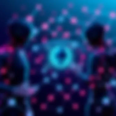 Illustration showing AI agents interacting with Ethereum blockchain elements, depicting a digital network connecting various applications.