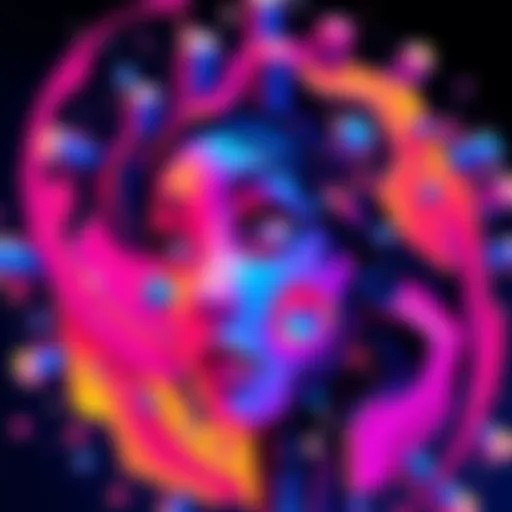 A vibrant AI-generated artwork with abstract shapes and colors, sparking discussion among people.