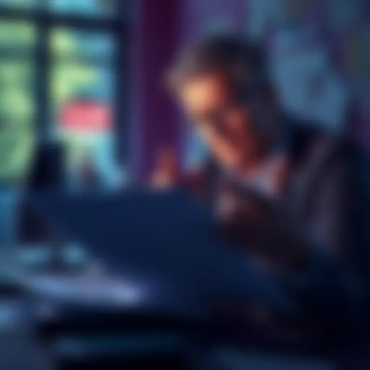 A person looks uneasy while reading about AI projects on a blockchain. Papers with graphs and warning signs are scattered on a table.