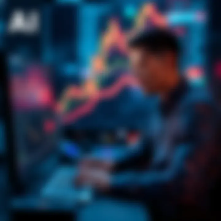 A trader using AI tools on a computer while analyzing cryptocurrency charts and data, with digital currency symbols in the background.
