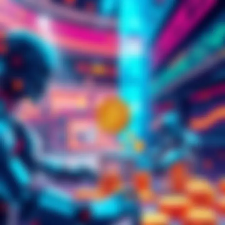 An illustration showing AI agents conducting digital transactions with cryptocurrency and stablecoins in a futuristic setting.