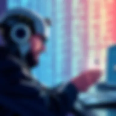 An illustration showing an AI program analyzing Ethereum blockchain code with a concerned human expert overseeing the process.