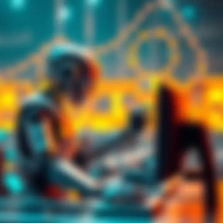 AI and Human Collaboration A futuristic scene showing a robot and a human working together on a computer, symbolizing the partnership in AI technology development.
