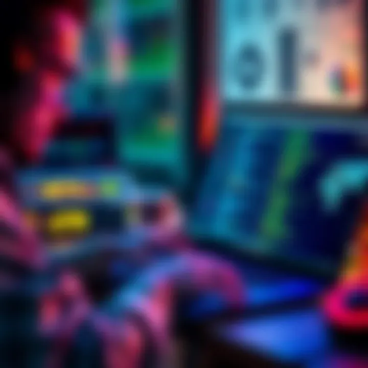 A developer using AI tools while studying blockchain technology, with a laptop displaying code and blockchain graphics.