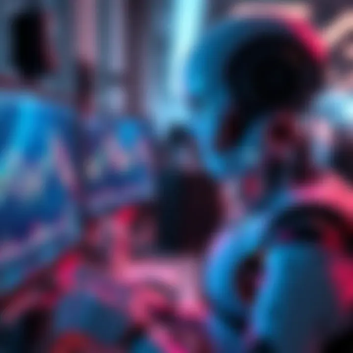 A robotic figure analyzing cryptocurrency graphs and data on a computer screen