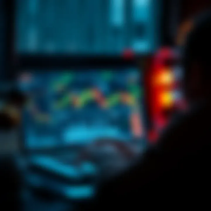 A person analyzing cryptocurrency charts on a laptop while AI graphics overlay the screen.