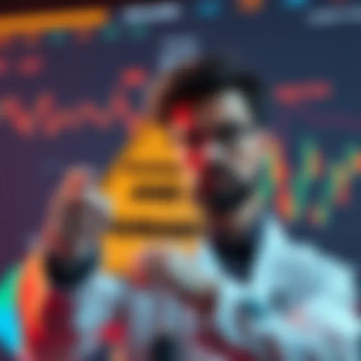 A researcher points to a large warning sign about AI dangers, showcasing a fearful expression, with data charts in the background.
