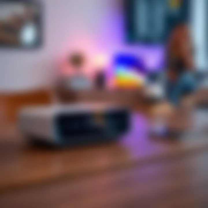 A close-up of an Airquino device placed on a wooden table, showing its screen and buttons. Nearby, a person is considering whether to sell or restart it, with a thoughtful expression. The background is blurred to focus on the device.