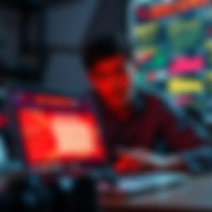 A worried person looking at a laptop screen filled with scam warnings and alerts