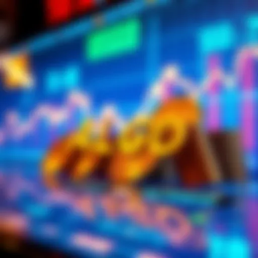 A digital screen shows ALGO tokens decreasing over time with a graph and USDC symbols in the background