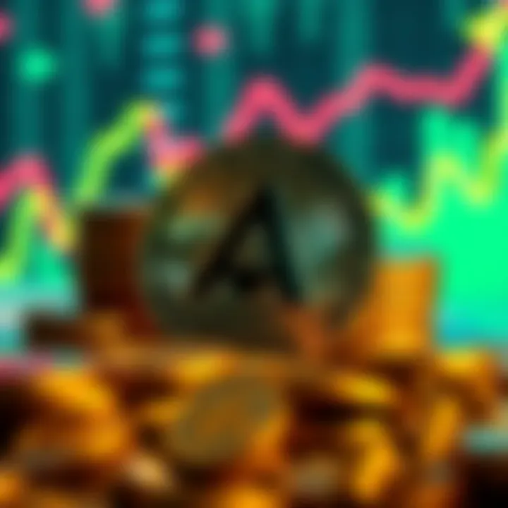 A digital representation of Algorand with coins and a graph showing growth in the background