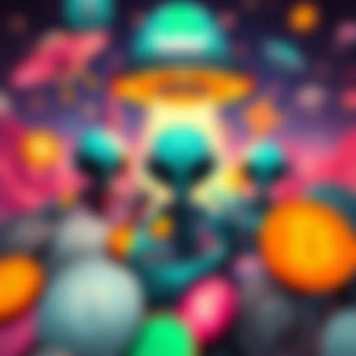 A vibrant graphic depicting aliens and UFOs among cryptocurrency symbols, capturing the growing interest in extraterrestrial-themed crypto assets.