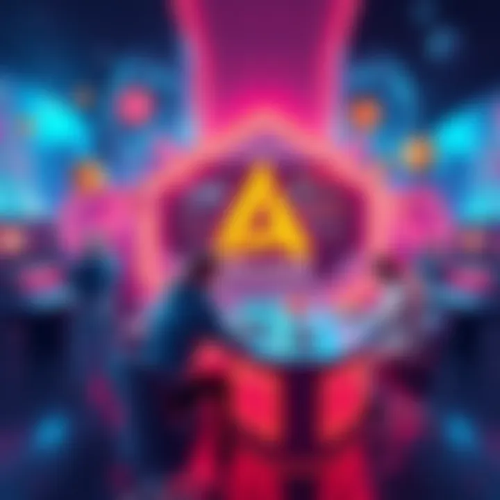 Visual representation of users engaging with the Alpha Arcade platform, surrounded by futuristic elements symbolizing predictions and crypto options