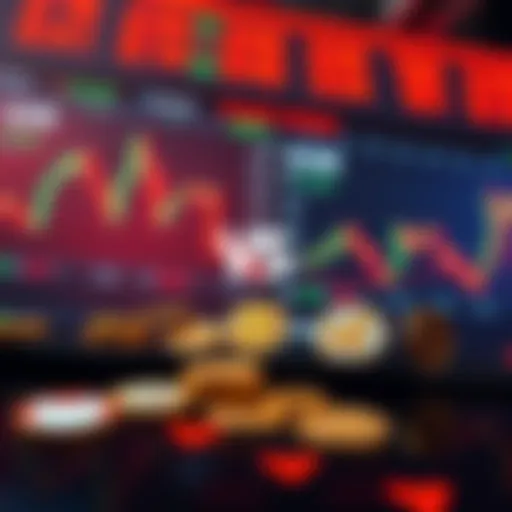 A graphic comparing alt coins and penny stocks, featuring fluctuating price charts and icons of popular alt coins like Dogecoin and Shiba Inu.