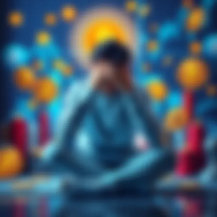 A person is sitting with their head in their hands, surrounded by cryptocurrency symbols, representing the disappointment of altcoin season.