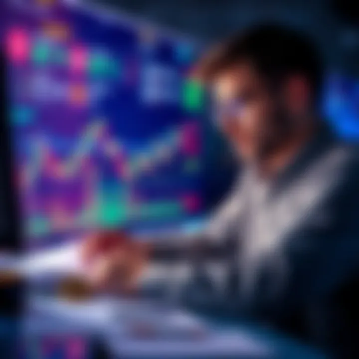 A trader analyzing graphs and charts for altcoin exit strategies with digital currency icons in the background.