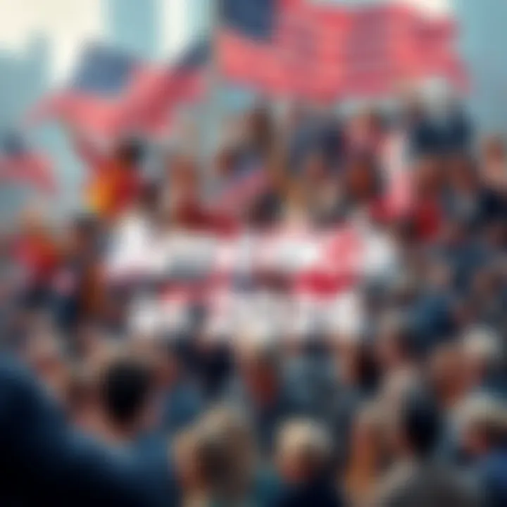 America in 2026 A collage showing various aspects of American life in 2026, including political rallies, cultural events, and diverse communities interacting.