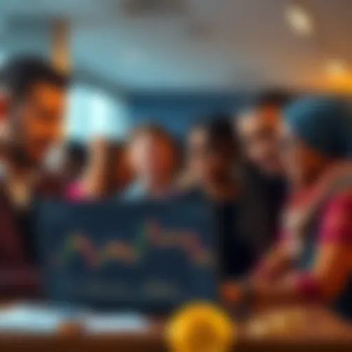 A group of diverse Americans looking at a Bitcoin chart on a laptop, showing growing interest in cryptocurrency investments