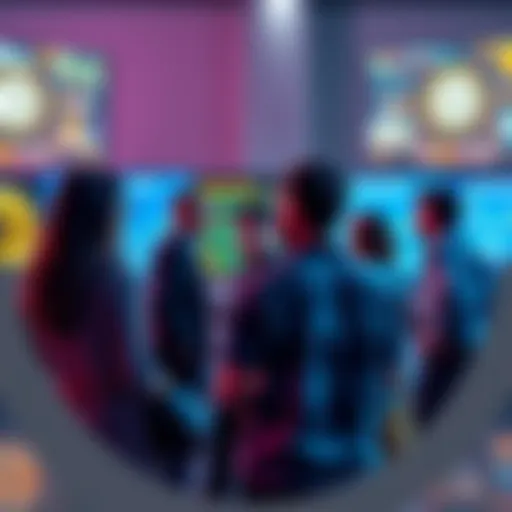 A group of diverse people discussing cryptocurrency with digital assets displayed on screens in the background
