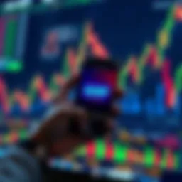 A person holding a smartphone displaying AMP tokens with financial charts in the background
