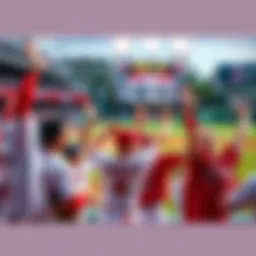 Los Angeles Angels players celebrating a win on the field with a scoreboard showing their favorable game schedule.