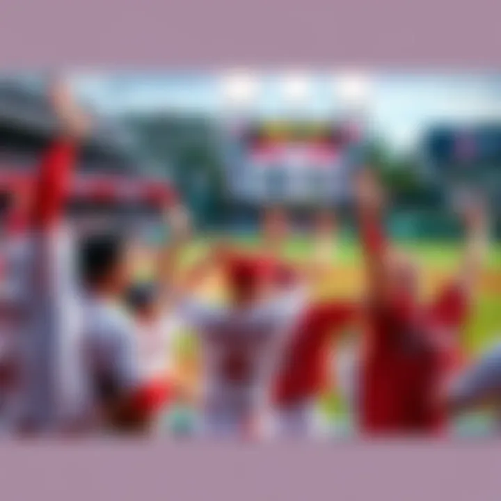 Los Angeles Angels players celebrating a win on the field with a scoreboard showing their favorable game schedule.