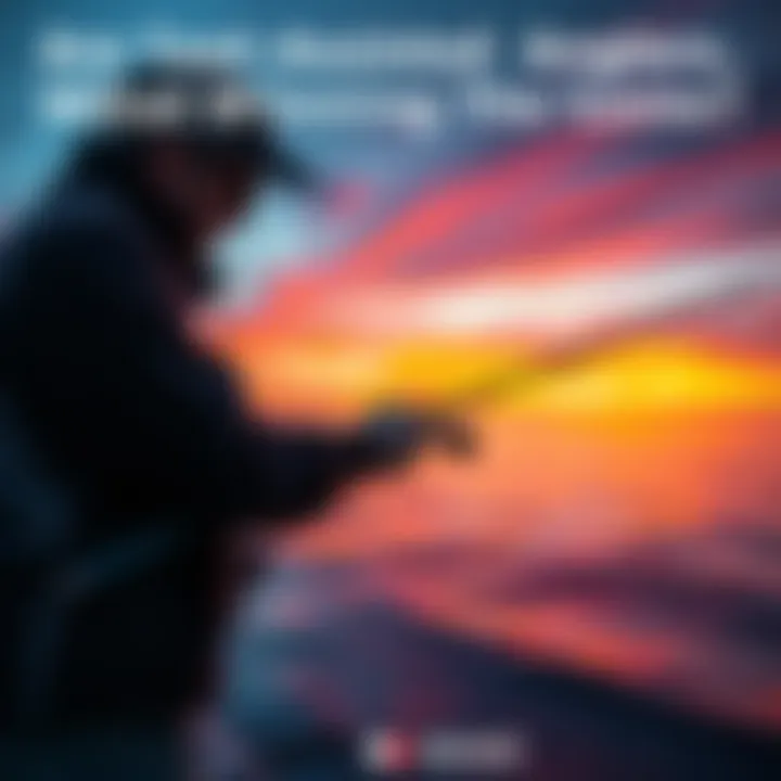Angler using fishing tools An angler holds a fishing rod with modern tools at the water's edge, showcasing high-tech fishing methods.