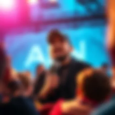 Anon speaking candidly in front of an audience, expressing bold opinions and insights.