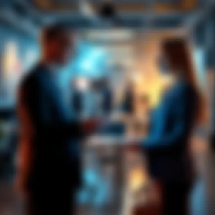Two business professionals discussing enterprise solutions with digital tools in a modern office setting